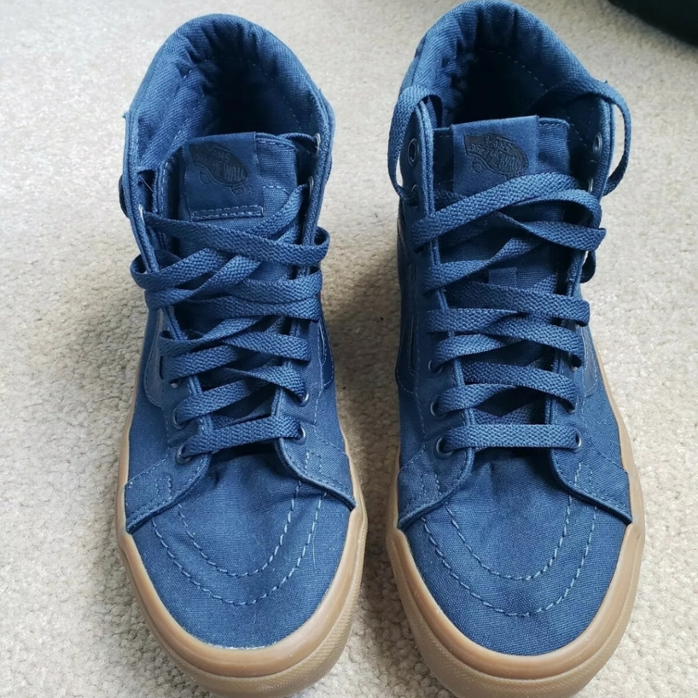 Blue High Top Vans Tan Sole Canvas Shoe 8.5